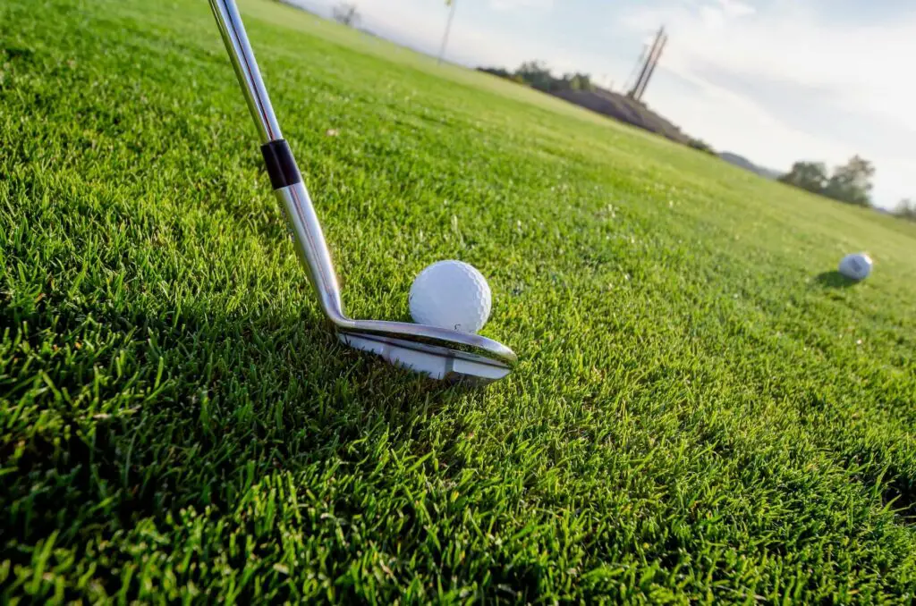 Golf club and a ball on the grass