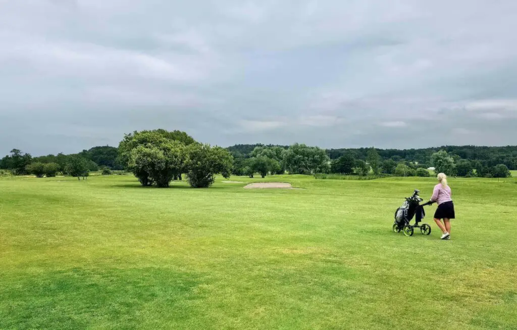 A woman pushing a golf bag on a cart