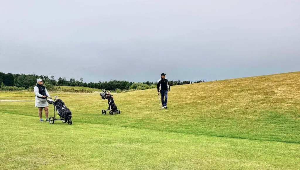 Two people using push carts on a golf course