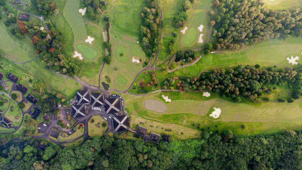 An aerial view of a golfing club and course