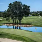 An image of a golf green with a pond and rocks