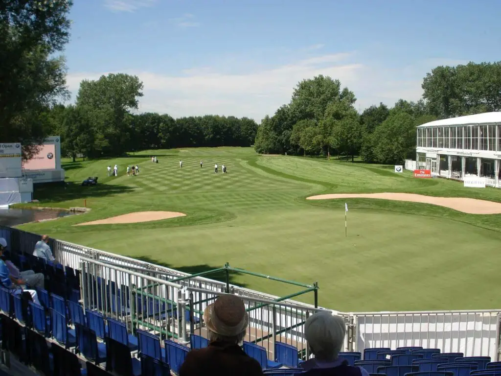 A golf tournament view from the bleachers