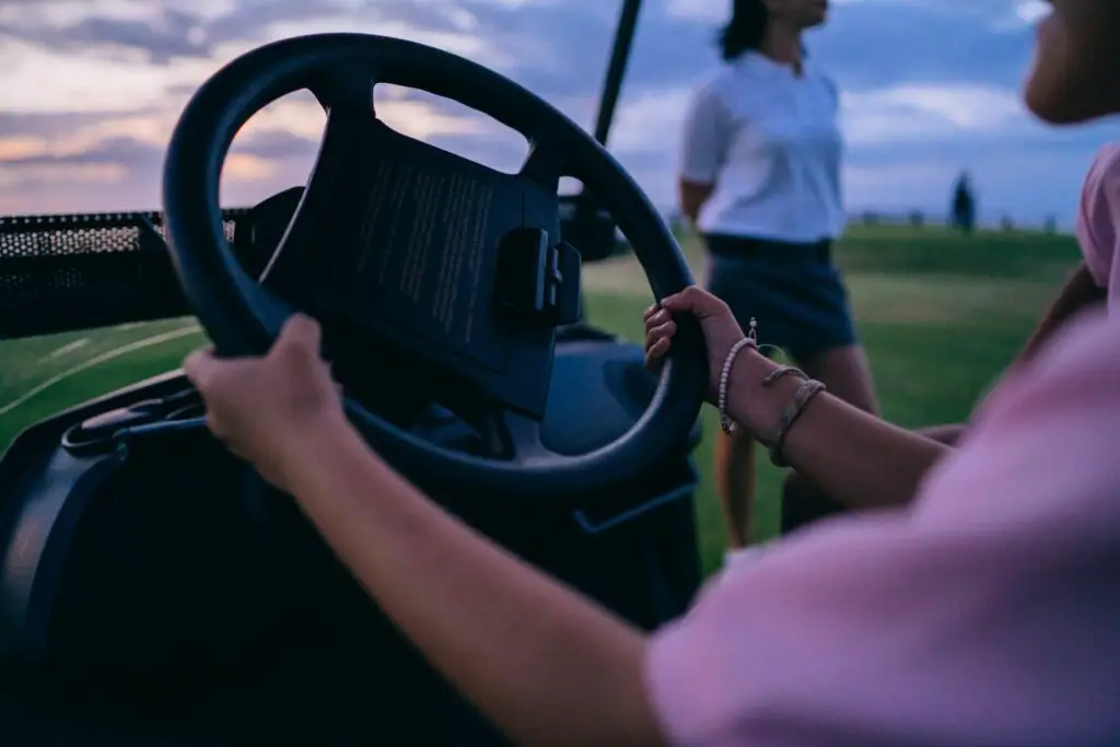 A person holding the wheel of a golf cart