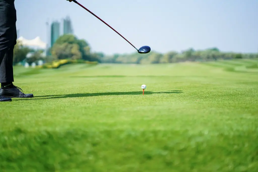 A person off-screen preparing to swing a golf club